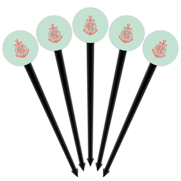 Chevron & Anchor Black Plastic 4" Food Pick - Round - Fan View