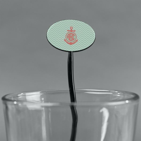 Chevron & Anchor Black Plastic 7" Stir Stick - Oval - Main