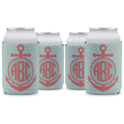 Chevron & Anchor Can Cooler (12 oz) - Set of 4 w/ Monogram