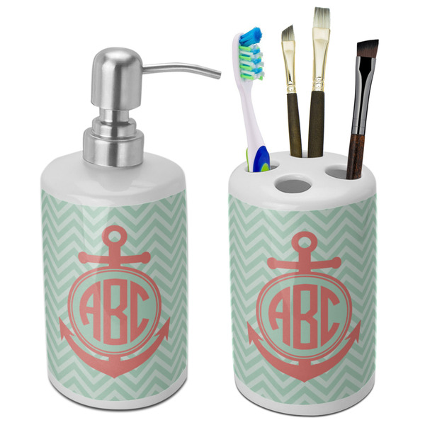 Custom Chevron & Anchor Ceramic Bathroom Accessories Set (Personalized)