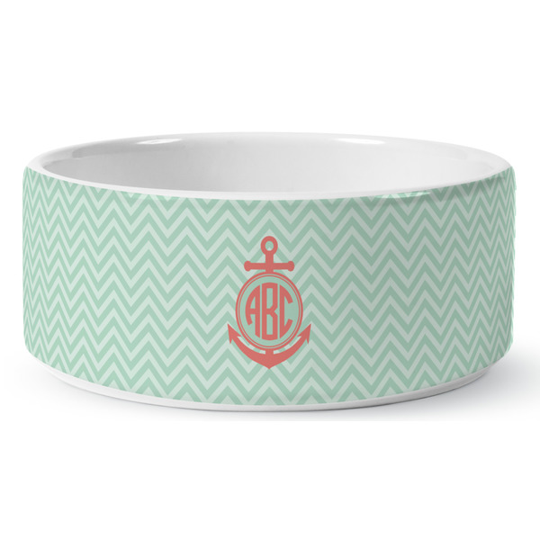 Chevron & Anchor Ceramic Dog Bowl - Medium - Front