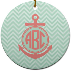 Chevron & Anchor Round Ceramic Ornament w/ Monogram