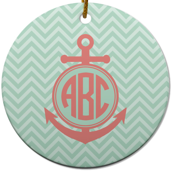 Custom Chevron & Anchor Round Ceramic Ornament w/ Monogram