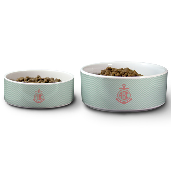 Chevron & Anchor Ceramic Dog Bowls - Size Comparison