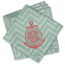 Chevron & Anchor Cloth Cocktail Napkins - Set of 4 w/ Monogram