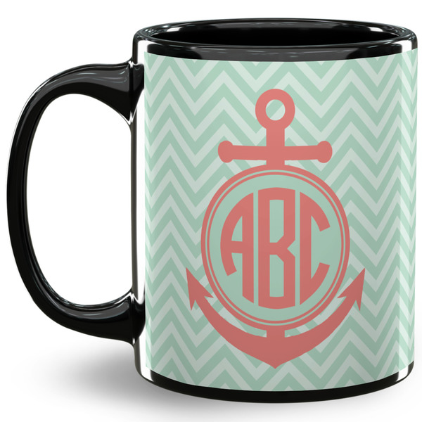 Custom Chevron & Anchor 11 Oz Coffee Mug - Black (Personalized)
