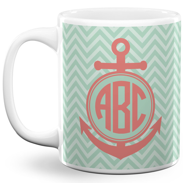 Custom Chevron & Anchor 11 Oz Coffee Mug - White (Personalized)