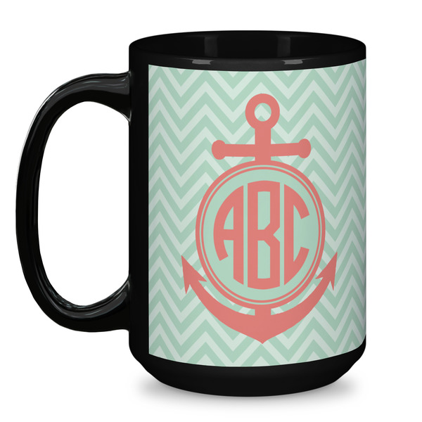 Chevron & Anchor Coffee Mug - 15 oz - Black
