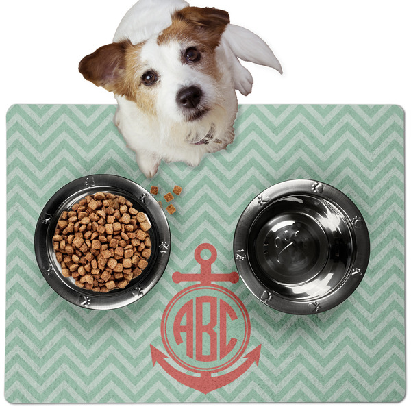 Custom Chevron & Anchor Dog Food Mat - Medium w/ Monogram