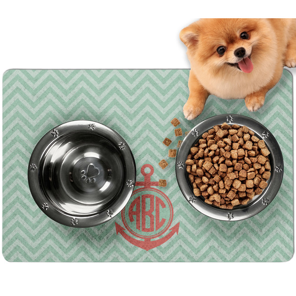 Custom Chevron & Anchor Dog Food Mat - Small w/ Monogram