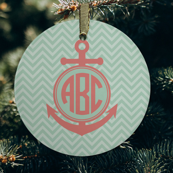 Chevron & Anchor Frosted Glass Ornament - Round (Lifestyle)