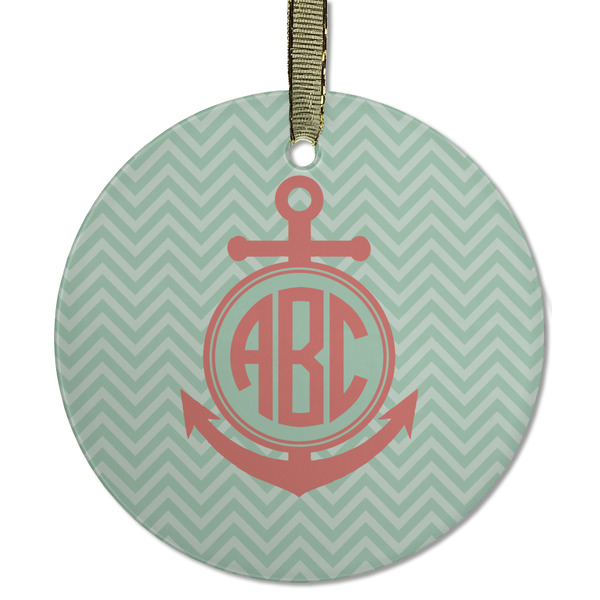 Custom Chevron & Anchor Flat Glass Ornament - Round w/ Monogram