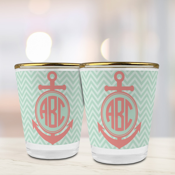 Chevron & Anchor Glass Shot Glass - with gold rim - LIFESTYLE