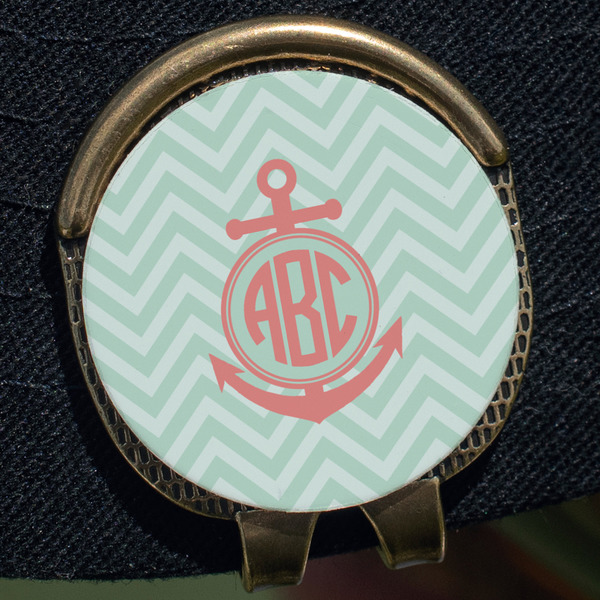 Chevron & Anchor Golf Ball Marker Hat Clip - Gold - Close Up