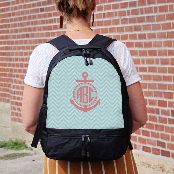 Chevron & Anchor Large Backpack - Black - On Back
