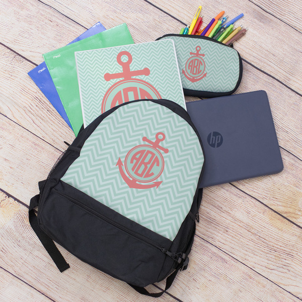 Chevron & Anchor Large Backpack - Black - With Stuff