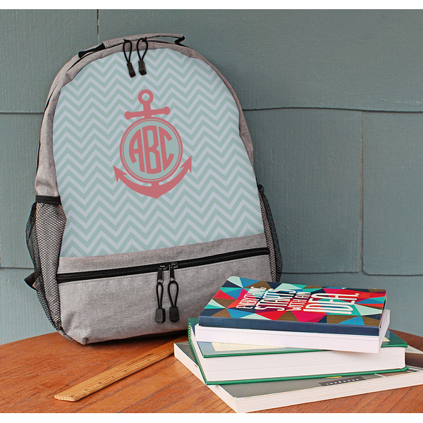 Chevron & Anchor Large Backpack - Gray - On Desk