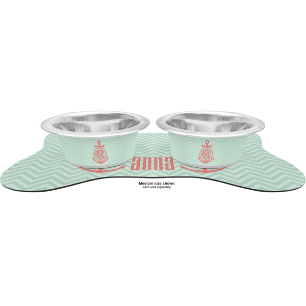 Chevron & Anchor Metal Pet Bowls - On Dog Bone Shaped Mat