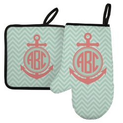 Chevron & Anchor Left Oven Mitt & Pot Holder Set w/ Monogram