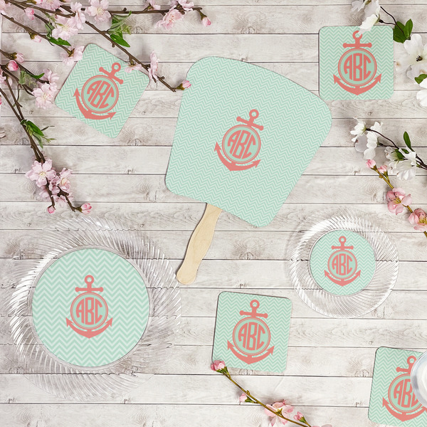 Chevron & Anchor Party Supplies Combination Image - All items - Plates, Coasters, Fans