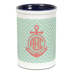 Chevron & Anchor Ceramic Pencil Holders - Blue
