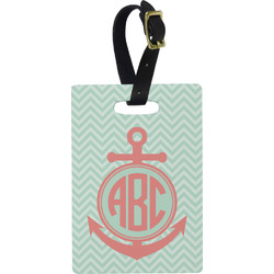 Chevron & Anchor Plastic Luggage Tag - Rectangular w/ Monogram