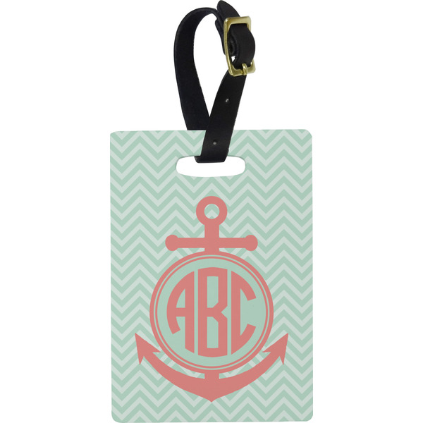 Custom Chevron & Anchor Plastic Luggage Tag - Rectangular w/ Monogram
