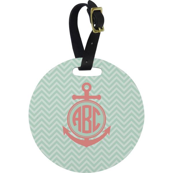 Custom Chevron & Anchor Plastic Luggage Tag - Round (Personalized)