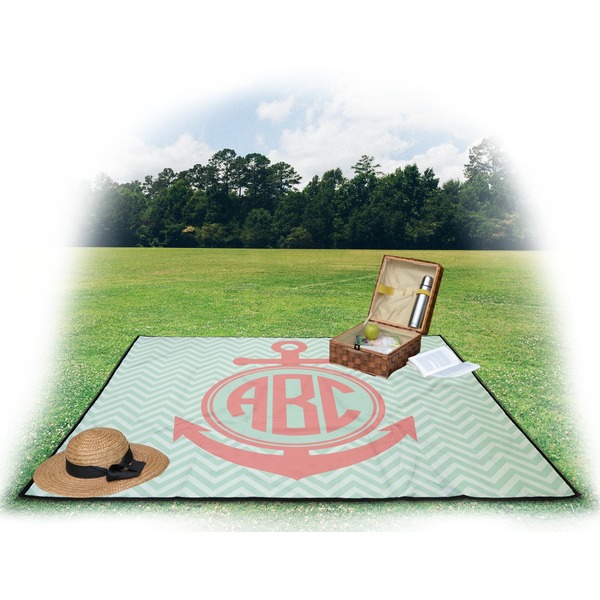 Chevron & Anchor Picnic Blanket - with Basket Hat and Book - in Use