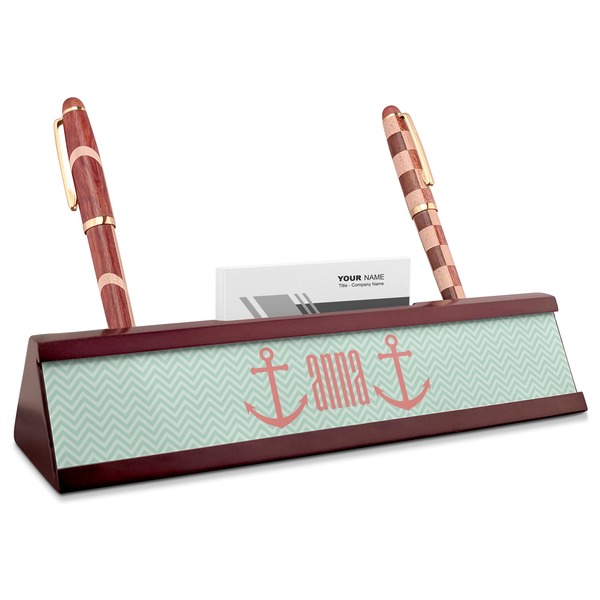 Custom Chevron & Anchor Red Mahogany Nameplate with Business Card Holder (Personalized)