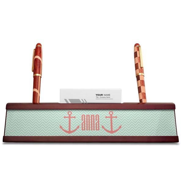 Chevron & Anchor Red Mahogany Nameplates with Business Card Holder - Straight