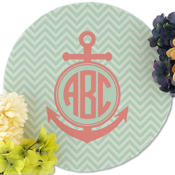 Chevron & Anchor Round Linen Placemats - Front (w flowers)