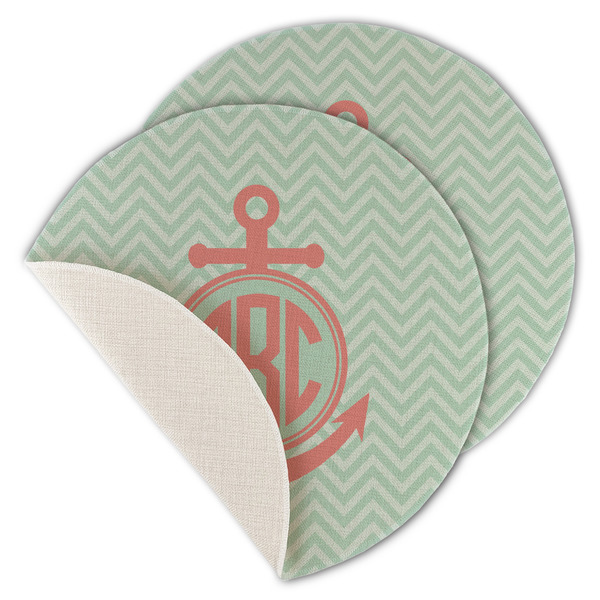 Custom Chevron & Anchor Round Linen Placemat - Single Sided - Set of 4 (Personalized)
