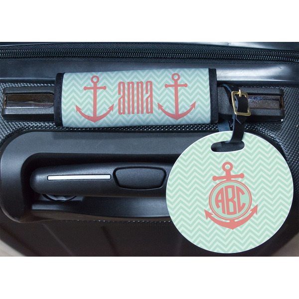 Chevron & Anchor Round Luggage Tag & Handle Wrap - In Context