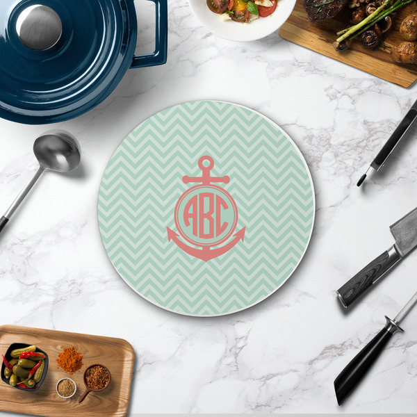Chevron & Anchor Round Stone Trivet - In Context View