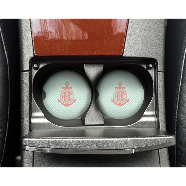 Chevron & Anchor Sandstone Car Coaster - In Cup Holder