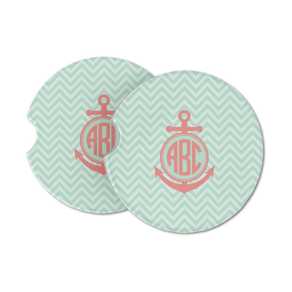Custom Chevron & Anchor Sandstone Car Coasters - Set of 2 (Personalized)