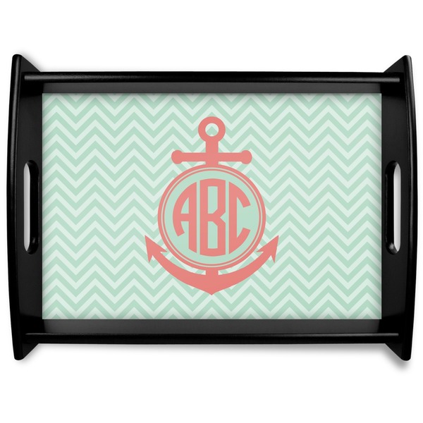 Custom Chevron & Anchor Black Wooden Tray - Large (Personalized)