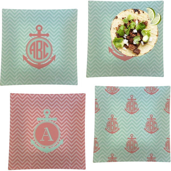 Custom Chevron & Anchor Set of 4 Glass Square Lunch / Dinner Plate 9.5" (Personalized)
