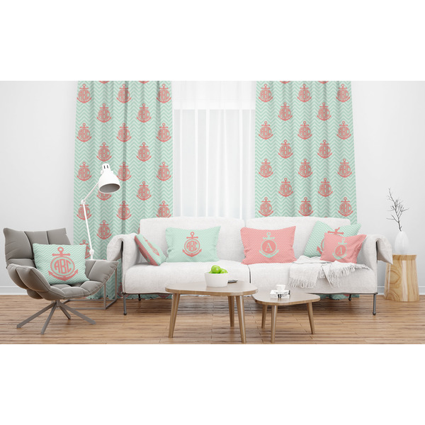 Chevron & Anchor Sheer and Custom Curtains in Room with Matching Pillows
