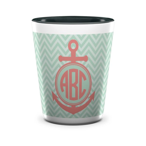 Custom Chevron & Anchor Ceramic Shot Glass - 1.5 oz - Two Tone - Single (Personalized)