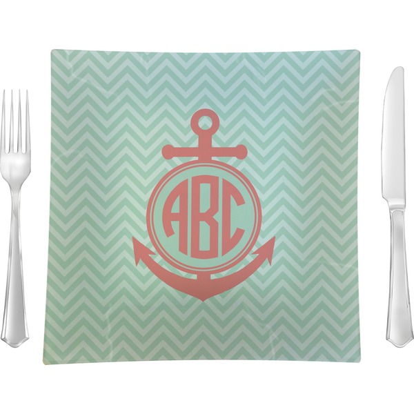 Custom Chevron & Anchor 9.5" Glass Square Lunch / Dinner Plate- Single or Set of 4 (Personalized)