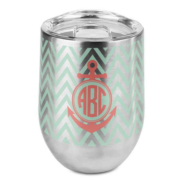 Custom Chevron & Anchor Stemless Wine Tumbler - Full Print (Personalized)