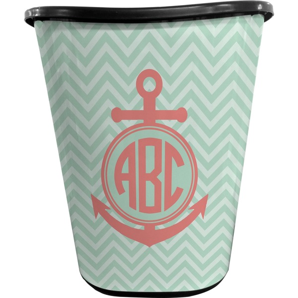 Custom Chevron & Anchor Waste Basket - Single Sided (Black) (Personalized)