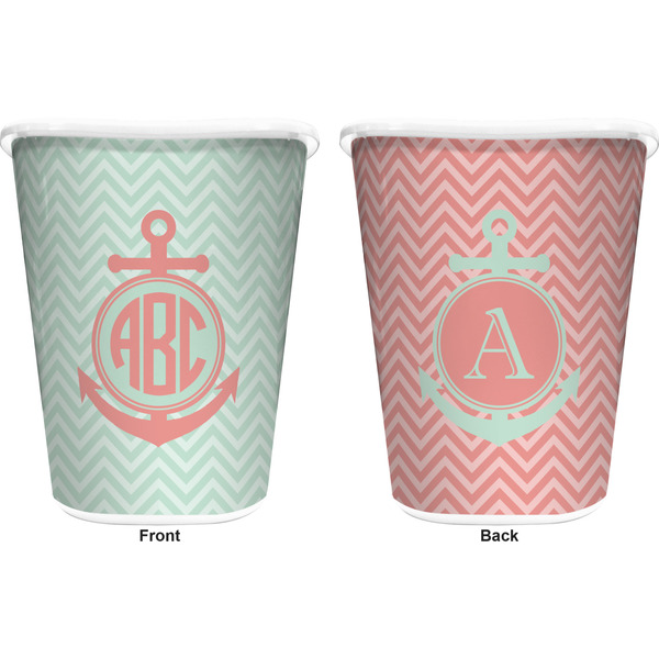 Chevron & Anchor Trash Can White - Front and Back - Apvl