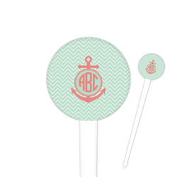 Chevron & Anchor 4" Round Plastic Food Picks - White - Single Sided (Personalized)