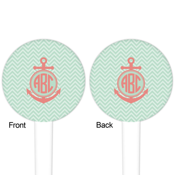 Chevron & Anchor White Plastic 4" Food Pick - Round - Double Sided - Front & Back