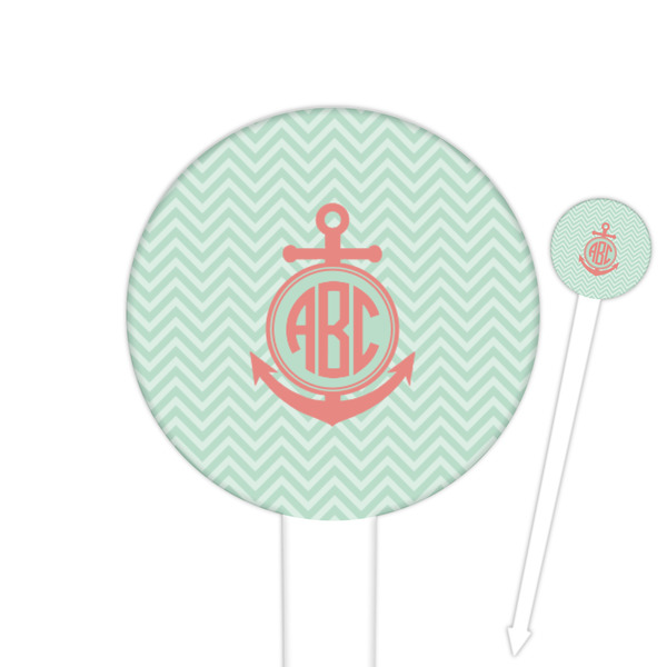 Custom Chevron & Anchor 6" Round Plastic Food Picks - White - Double Sided (Personalized)