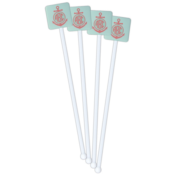 Chevron & Anchor White Plastic Stir Stick - Single Sided - Square - Front