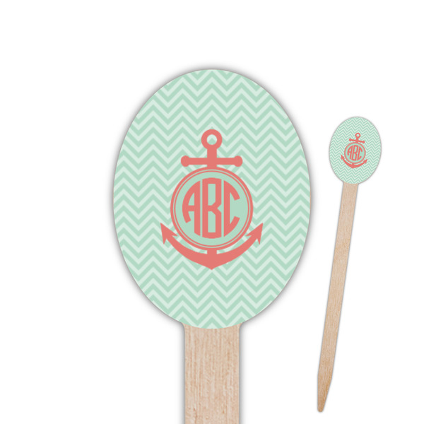 Custom Chevron & Anchor Oval Wooden Food Picks - Double Sided (Personalized)